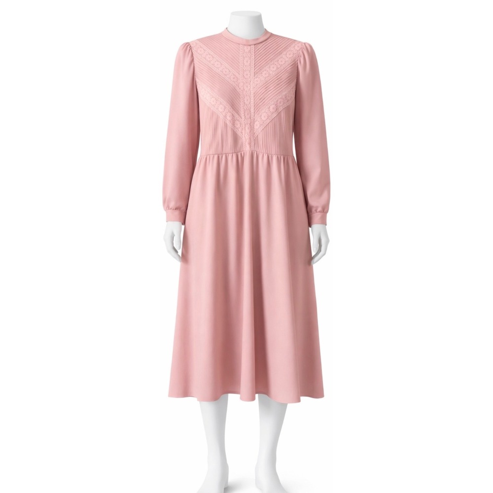 Vintage Cathy Sue Agnus Normand Pink Lace Pleated Prairie Midi Dress Long Sleeve